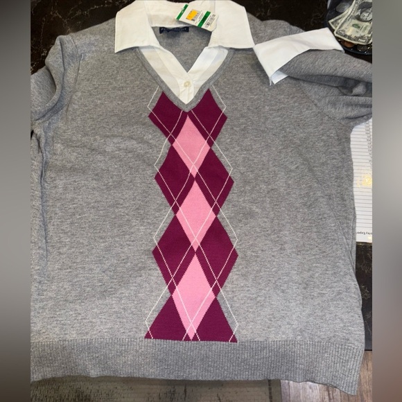 KAREN SCOTT ARGYLE SWEATER FAUX COLLAR AND CUFFS SIZE LG COTTON  GREY - Picture 11 of 14